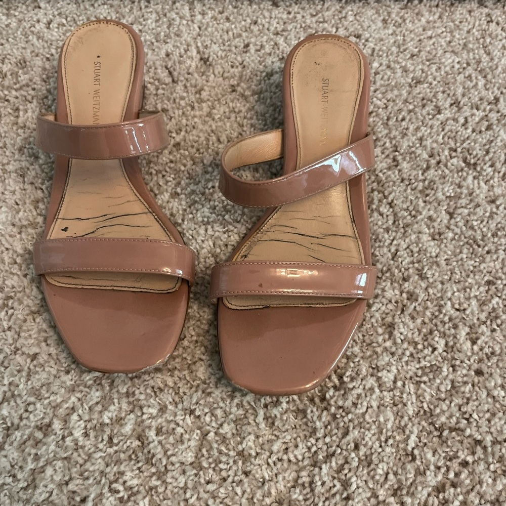 Stuart Weitzman Patent Leather Double-Strap Mule in Nude Pink